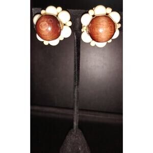 Vintage Miriam Haskell Clip-On Earrings Wood & Ivory-Tone Floral Cluster (1960s)